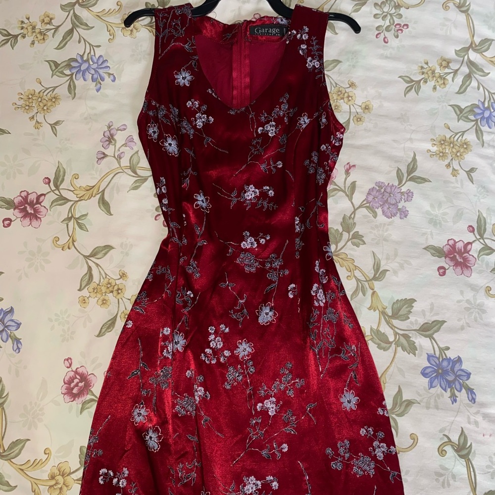 Satin Floral Red Sleeveless Sundress